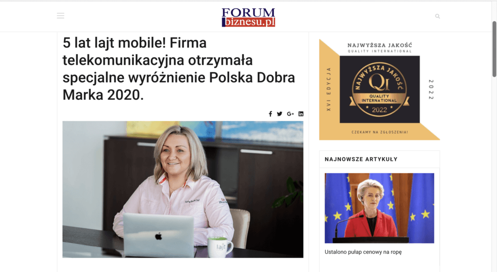 lajt mobile otrzymała specjalne wyróżnienie Polska Dobra Marka 2020
