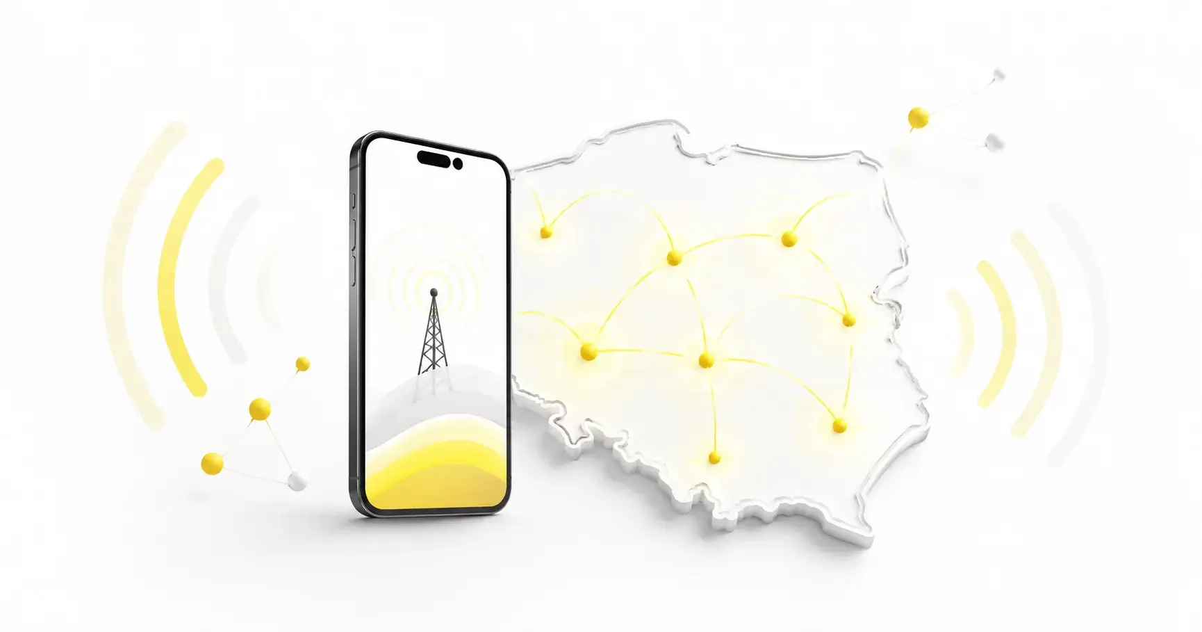 Smartfon i mapa Polski symbolizujące zasięg sieci komórkowych i 5G w Polsce